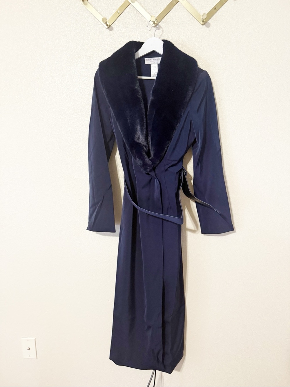 Naked Wardrobe The Statement Navy Blue Faux Fur Collar Belted Longline Coat NEW - Picture 2 of 5